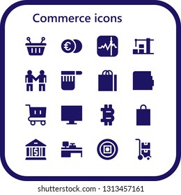 commerce icon set. 16 filled commerce icons.  Simple modern icons about  - Basket, Euro, Stocks, Warehouse, Deal, Bag, Shopping bag, Wallet, Shopping cart, Online shop, Bitcoin