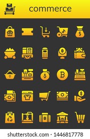 commerce icon set. 26 filled commerce icons.  Collection Of - Bag, Trolley, Coupon, Shopping cart, Atm, Payment terminal, Bitcoin, Wallet, Shopping basket, Cash register, Dollar