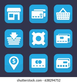 Commerce icon. set of 9 filled commerce icons such as credit card, store, shopping bag, dollar location, shopping basket