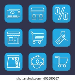 commerce icon. Set of 9 outline commerce icons such as cargo tag, shopping cart, store, money in hand, credit card in atm, credit card