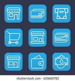 Commerce icon. set of 9 outline commerce icons such as wallet, atm money withdraw, shop, card, store, credit card, money in hand