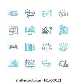 Commerce icon set and auction with miles card, stock decrease and exchange. Partnership related commerce icon vector for web UI logo design.