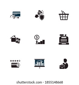 Commerce icon set and business man with successful investment, make payment and credit score. Secure payment related commerce icon vector for web UI logo design.