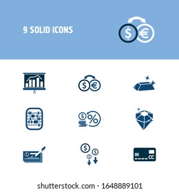 Handelssymbol eingestellt und mit Diamanten, finanziellen Interessen und Abacus prüfen. Brillante verwandte Commerce-Symbol-Vektorillustration für Web-UI-Logo-Design.