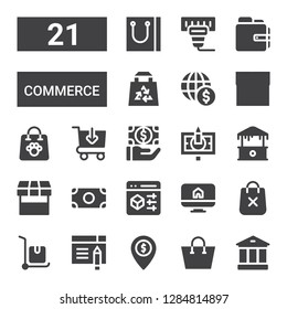 commerce icon set. Collection of 21 filled commerce icons included Bank, Shopping bag, Money, Browser, Delivery cart, Ecommerce, Market, Mall, Banknote, Payment, Buy online, Shop
