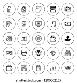 Commerce icon set. collection of 25 outline commerce icons with bitcoin, basket, channel, card, coins, coupon, eu, deal, dollar, gift card, invoice icons. editable icons.