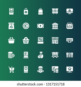 commerce icon set. Collection of 25 filled commerce icons included Channel, Transfer, Cashier, Atm, Shopping cart, Banknote, Trolley, Coin, Money, Shop, Cash machine, Shopping basket