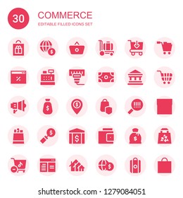 commerce icon set. Collection of 30 filled commerce icons included Shopping bag, Economy, Shopping basket, Trolley, Buy online, Browser, Cashier, Barcode, Money, Bank, Marketing