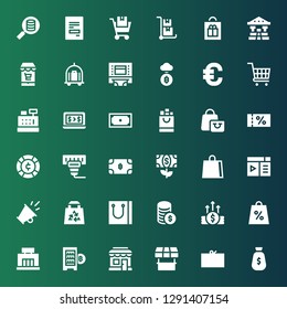 commerce icon set. Collection of 36 filled commerce icons included Money, Coupon, Store, Shopping store, Digital currency, Mall, Shopping bag, Bag, Promotion, Browser, Bitcoin