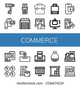 commerce icon set. Collection of Stabilizer, Payment, Bill, Warehouse, Bag, Online shopping, Paper bag, Online order, Wallet, Discount, Dollar, Money, Shopping mall, Cash register icons