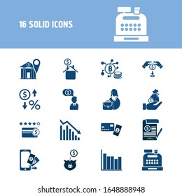 Commerce icon set and cryptocoins with investment insurance, contract and bar charts. Money sack related commerce icon vector for web UI logo design.