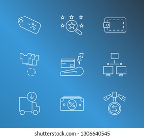 Commerce icon set and discount with buy, logistic and remarketing. Purse related commerce icon vector for web UI logo design.