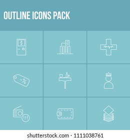 Commerce icon set and discount with restaurant, building and atm. Purse related commerce icon vector for web UI logo design.