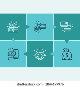 Commerce icon set and handshake with expenses, mobile transfer and card to card. Abundance related commerce icon vector for web UI logo design.