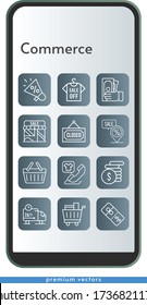 commerce icon set. included megaphone, shirt, shop, money, shopping cart, discount, closed, phone call, placeholder, delivery truck, shopping basket icons on phone design background . linear styles.