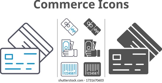 commerce icon set included money, discount, credit card, barcode icons