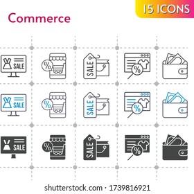 commerce icon set. included online shop, shopping bag, wallet icons on white background. linear, bicolor, filled styles.