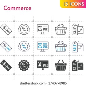 commerce icon set. included online shop, shopping bag, discount, shopping-basket, shopping basket icons on white background. linear, bicolor, filled styles.