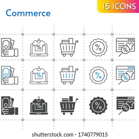 commerce icon set. included online shop, money, shopping cart, discount icons on white background. linear, bicolor, filled styles.