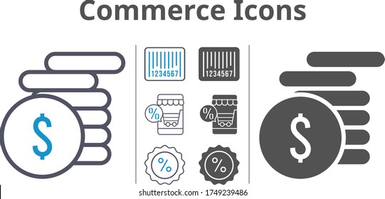 commerce icon set included online shop, money, discount, barcode icons