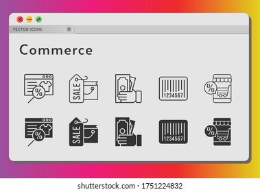 commerce icon set. included online shop, shopping bag, money, barcode icons on white background. linear, filled styles.