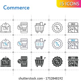 commerce icon set. included online shop, shop, shopping cart, discount icons on white background. linear, bicolor, filled styles.