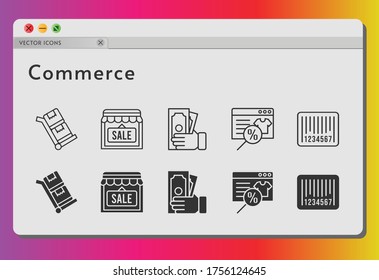commerce icon set. included online shop, shop, money, barcode, trolley icons on white background. linear, filled styles.