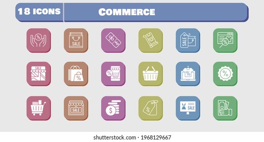 commerce icon set. included online shop, shopping bag, shop, money, price tag, shopping cart, discount, shopping-basket, trolley icons on white background. linear, filled styles.