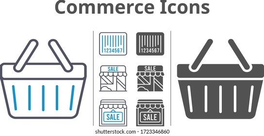 commerce icon set included shop, shopping-basket, barcode icons
