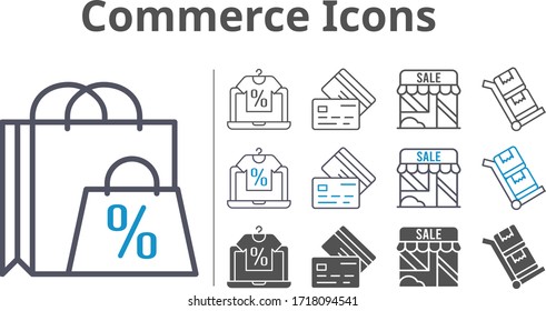 el conjunto de iconos de comercio incluía bolsas de compras, tienda en línea, tienda, tarjeta de crédito, iconos de los carritos
