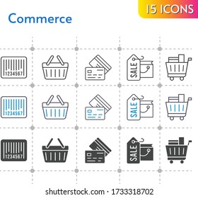 commerce icon set. included shopping bag, shopping cart, shopping-basket, credit card, barcode, shopping basket icons on white background. linear, bicolor, filled styles.