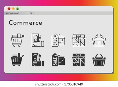 commerce icon set. included shopping bag, shop, money, shopping cart, shopping-basket, shopping basket icons on white background. linear, filled styles.