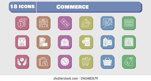 commerce icon set. included shopping bag, online shop, shop, money, price tag, shopping cart, discount, shopping-basket, credit card icons on white background. linear, filled styles.