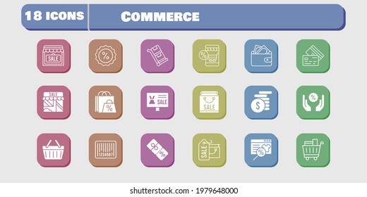 commerce icon set. included shopping bag, online shop, shop, wallet, money, shopping cart, discount, shopping-basket, credit card icons on white background. linear, filled styles.