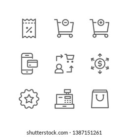 Commerce icon set including coupon, sale, remove from cart, add to cart, online, payment, purchase, affiliate, marketing, recommendation, cash register, shopping bag