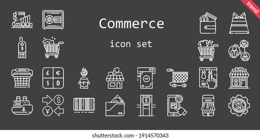 conjunto de iconos de comercio. estilo de icono de línea. iconos relacionados con el comercio como método de pago, caja fuerte, canasta, compras en línea, cartera, tienda, centro comercial, barco, análisis, supermercado, tienda de ropa, tienda en línea