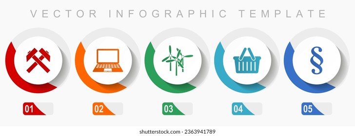 Commerce icon set, miscellaneous icons such as mining, laptop, wind turbine, shop basket and law, flat design vector infographic template, web buttons in 5 color options
