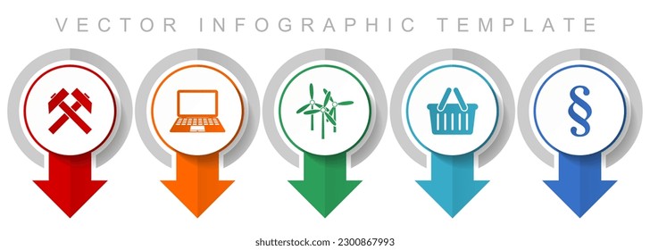 Commerce icon set, miscellaneous pointer icons such as mining, laptop, wind turbine, shop basket and law for webdesign and mobile applications, modern design infographic vector template