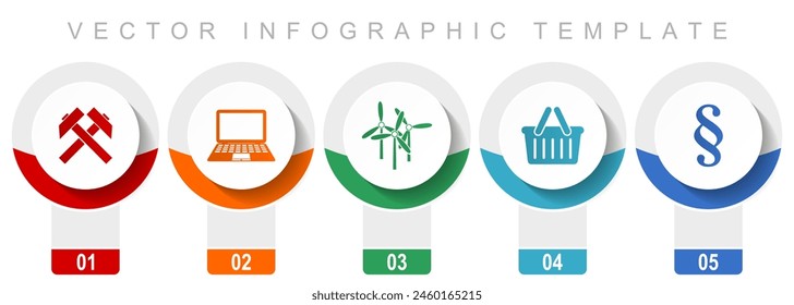 Commerce icon set, miscellaneous vector icons such as mining, laptop, wind turbine, shop basket and law, modern design infographic template, web buttons in 5 color options