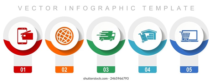 Commerce icon set, miscellaneous vector icons such as credit card, globe, truck, storage and online shop, modern design infographic template, web buttons in 5 color options