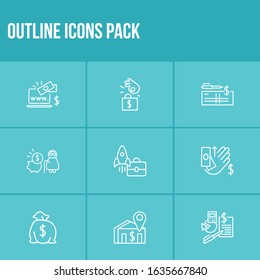 Commerce icon set and money sack with make payment, startup and online payment. Pension related commerce icon vector for web UI logo design.