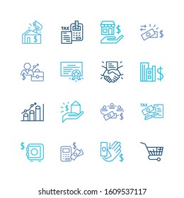 Commerce icon set and safe with crowd funding, exchange and home mortgage. Change money related commerce icon vector for web UI logo design.