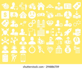 Commerce Icon Set. These flat icons use white color. Vector images are isolated on a yellow background. 