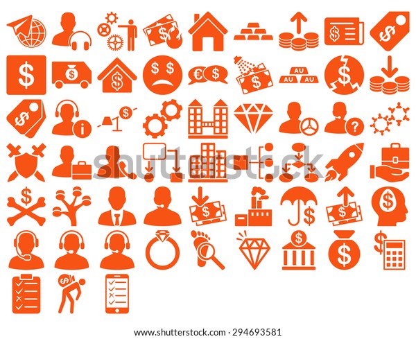 Commerce Icon Set. These\
flat icons use orange color. Vector images are isolated on a white\
background. 