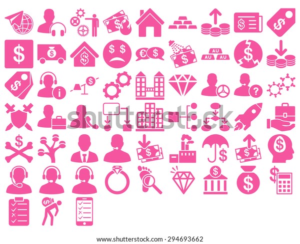 Commerce Icon Set. These\
flat icons use pink color. Vector images are isolated on a white\
background. 