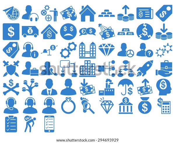 Commerce Icon Set. These\
flat icons use cobalt color. Vector images are isolated on a white\
background. 