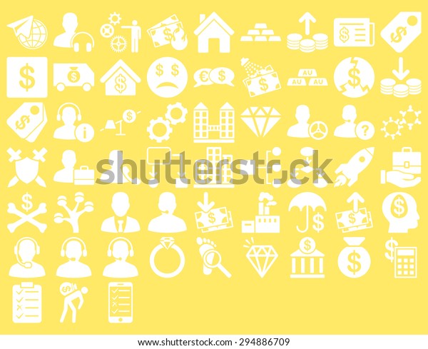 Commerce Icon Set.\
These flat icons use white color. Vector images are isolated on a\
yellow background. 