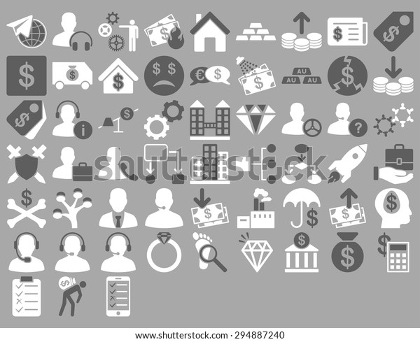 Commerce Icon Set. These flat bicolor icons use dark\
gray and white colors. Vector images are isolated on a silver\
background. 