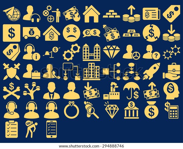 Commerce Icon Set. These\
flat icons use yellow color. Vector images are isolated on a blue\
background. 