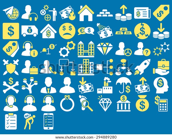 Commerce Icon Set. These flat bicolor icons use yellow\
and white colors. Vector images are isolated on a blue background.\

